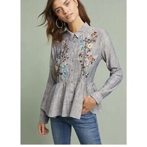Anthropologie HD in Paris Ella Embroidered Peplum Shirt Size Small 2368